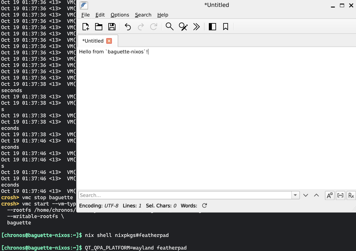 A screenshot showing the `baguette-nixos` VM running Featherpad