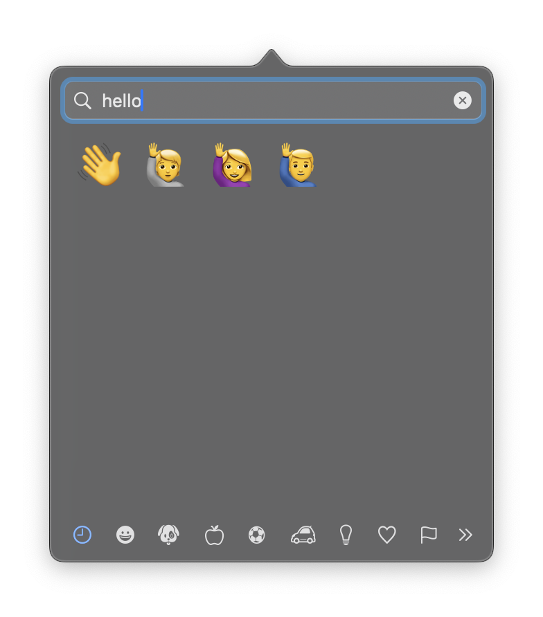 [The built-in macOS emoji picker with the query "hello"]