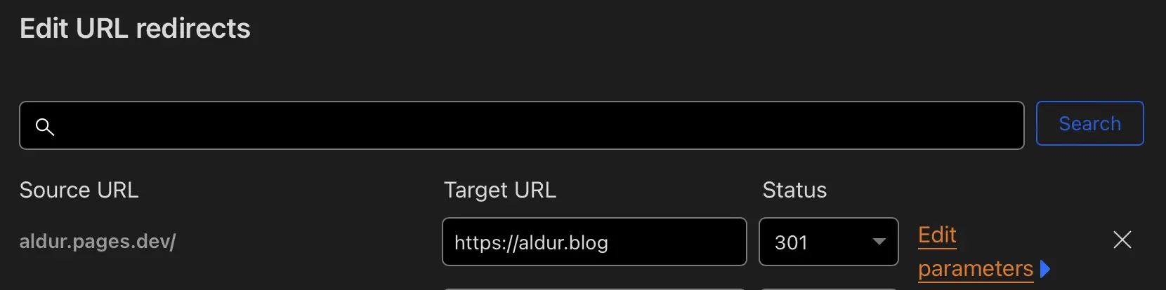 A screnshot from Cloudflare's dashboard showing a 301 redirect from
`aldur.page.dev` to `https://aldur.blog`.