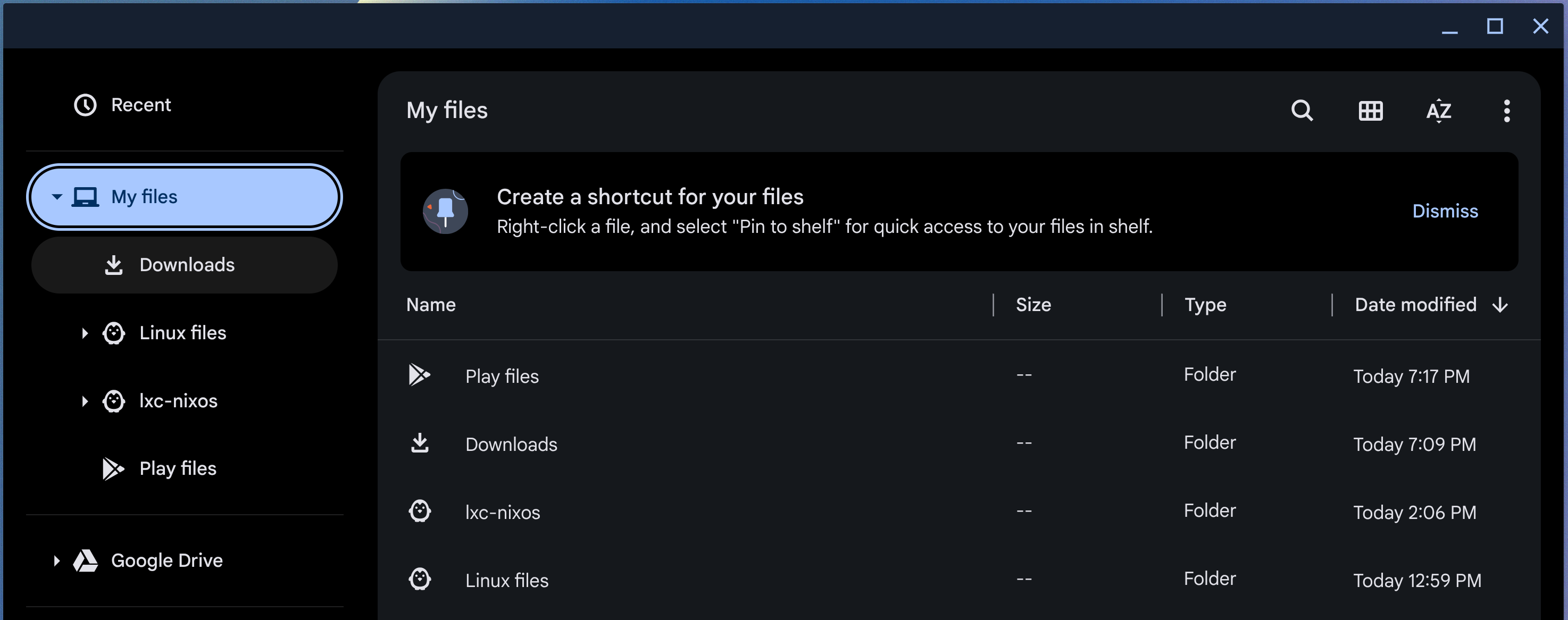 A screenshot showing the `lxc-nixos` container available in the Files application.