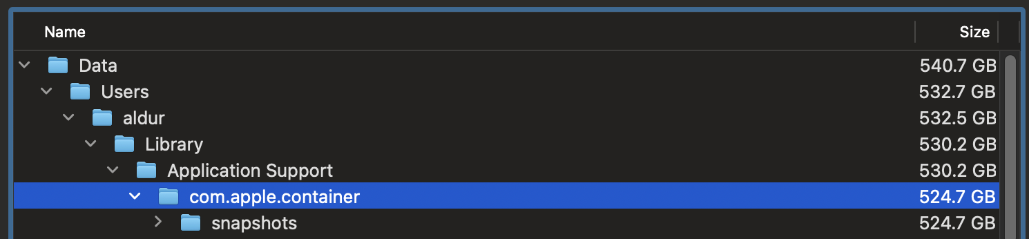 A Disk Inventory X screenshot showing the `snapshot` directory of `com.apple.container` taking more than 500GB of space