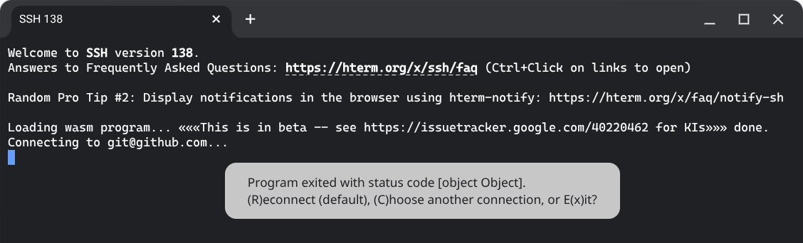 A screenshot of the Terminal application failing to establish an SSH connection.