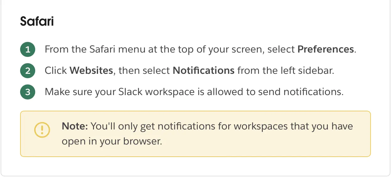 A screenshot from the Slack troubleshooting guide for Safari