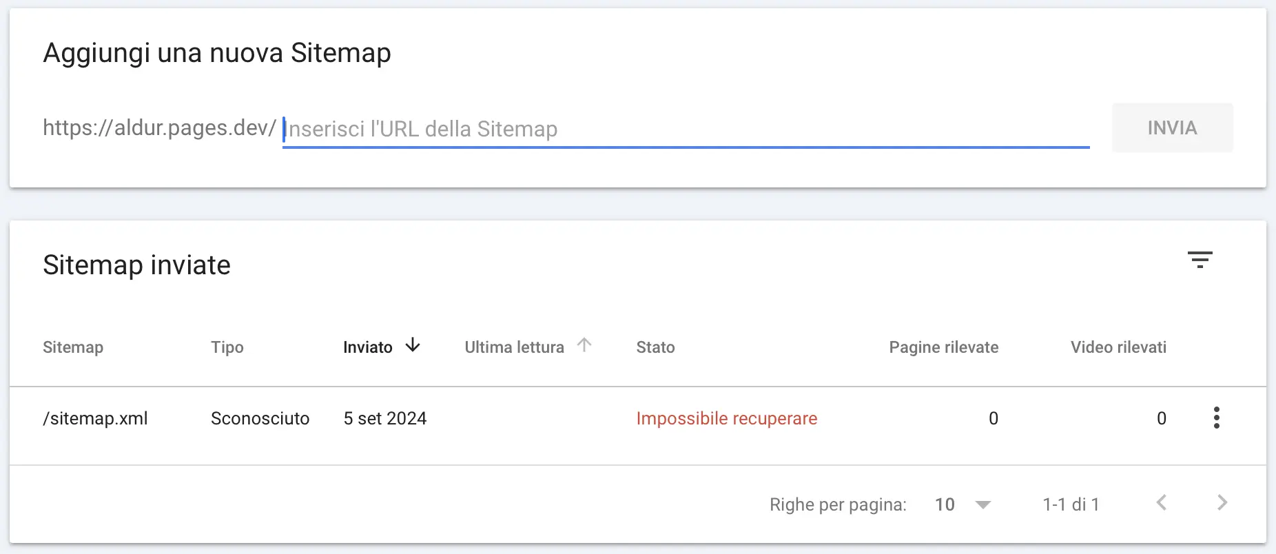 A screnshot from Google Search console showing an error while trying to upload
a sitemap.